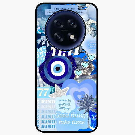 Aesthetic Be Kind Eye Glass Case showing flat back view with motivational eye artwork and glossy glass finish.