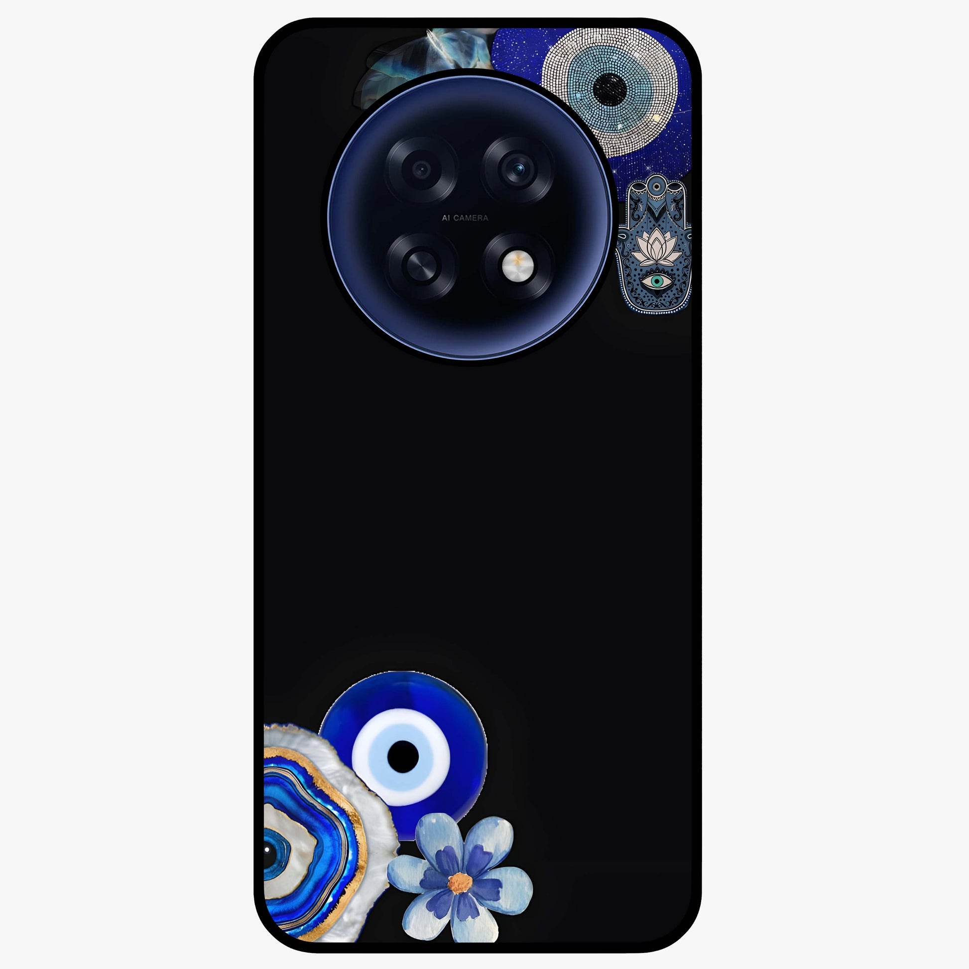 Aesthetic Blue Evil Eye Glass Case showing flat back view with protective evil eye artwork and glossy glass finish.