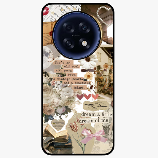 Aesthetic Brown Vintage Collage Glass Case showing flat back view with retro collage artwork and glossy glass finish.