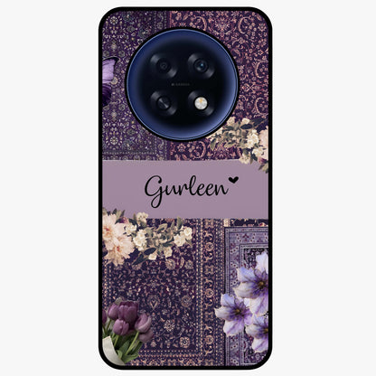 Antique Floral Whisper Custom Name Glass Case showing flat back view with vintage floral artwork and personalized name design.