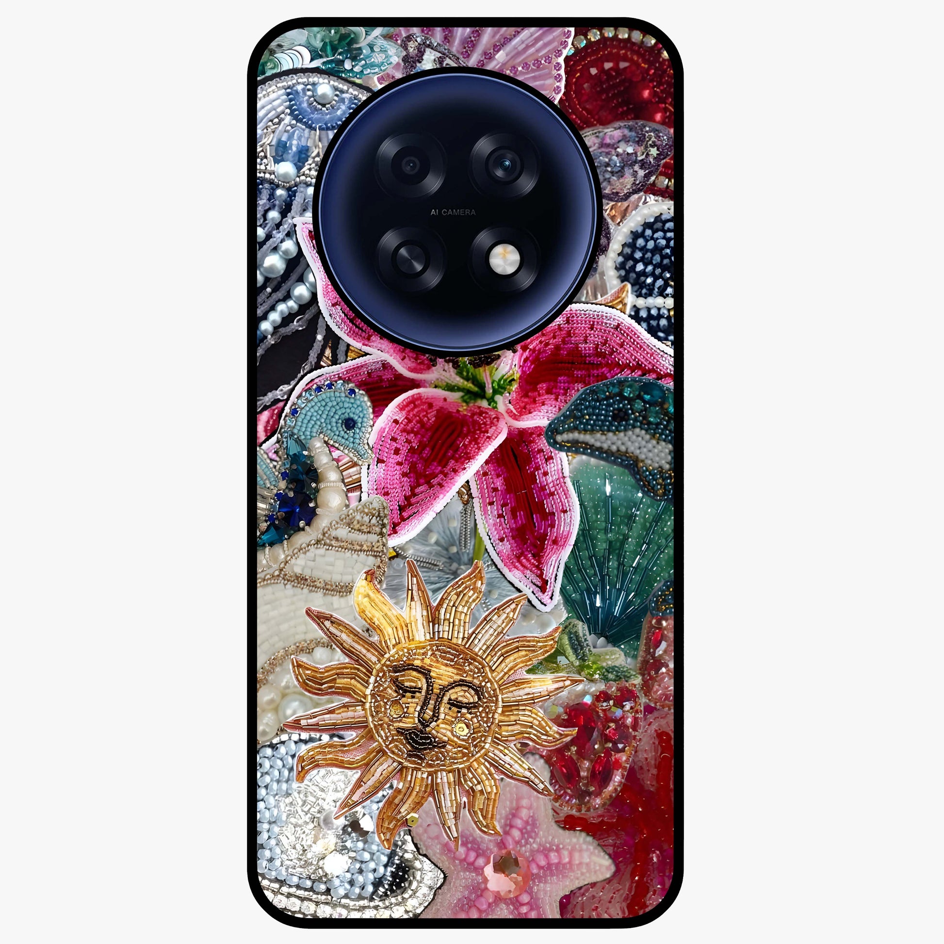 Beaded Garden Fantasy Glass Case showing flat back view with dreamy garden bead artwork and glossy glass finish.