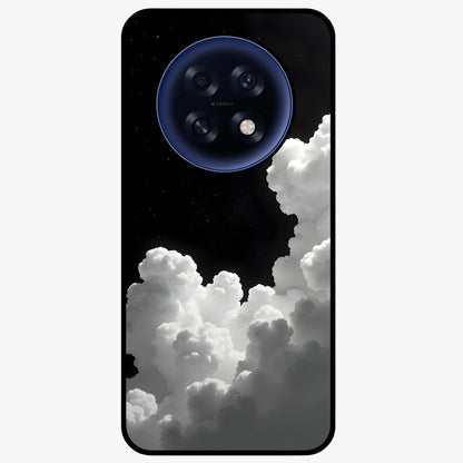Black Background With White Cloud Glass Case showing flat back view with minimal cloud artwork on dark background and glossy glass finish.