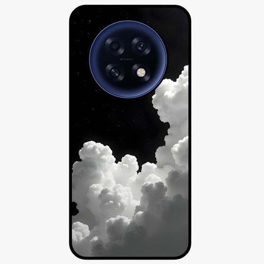 Black Background With White Cloud Glass Case showing flat back view with minimal cloud artwork on dark background and glossy glass finish.