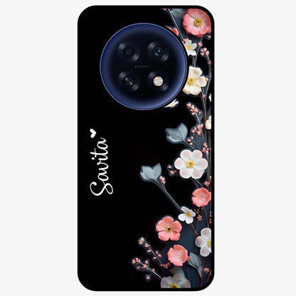 Black Elegance Floral Custom Name Glass Case showing flat back view with elegant floral artwork and personalized name design.