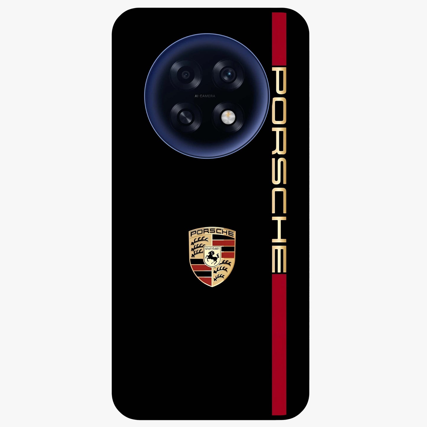 Black Minimal Porsche Glass Case showing flat back view with sleek minimal sports car artwork and glossy glass finish.