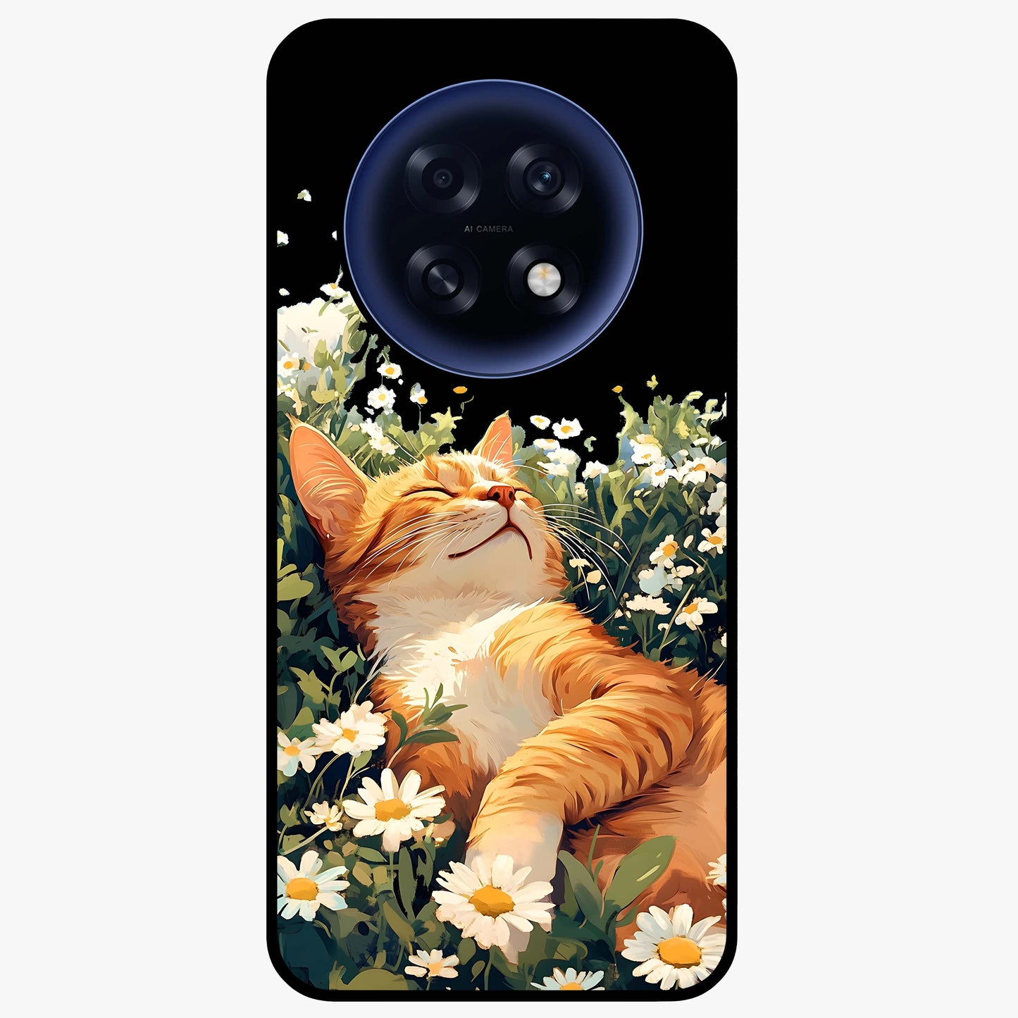 Blissful Bloom Cat Glass Case showing flat back view with cute cat and floral bloom artwork and glossy glass finish.