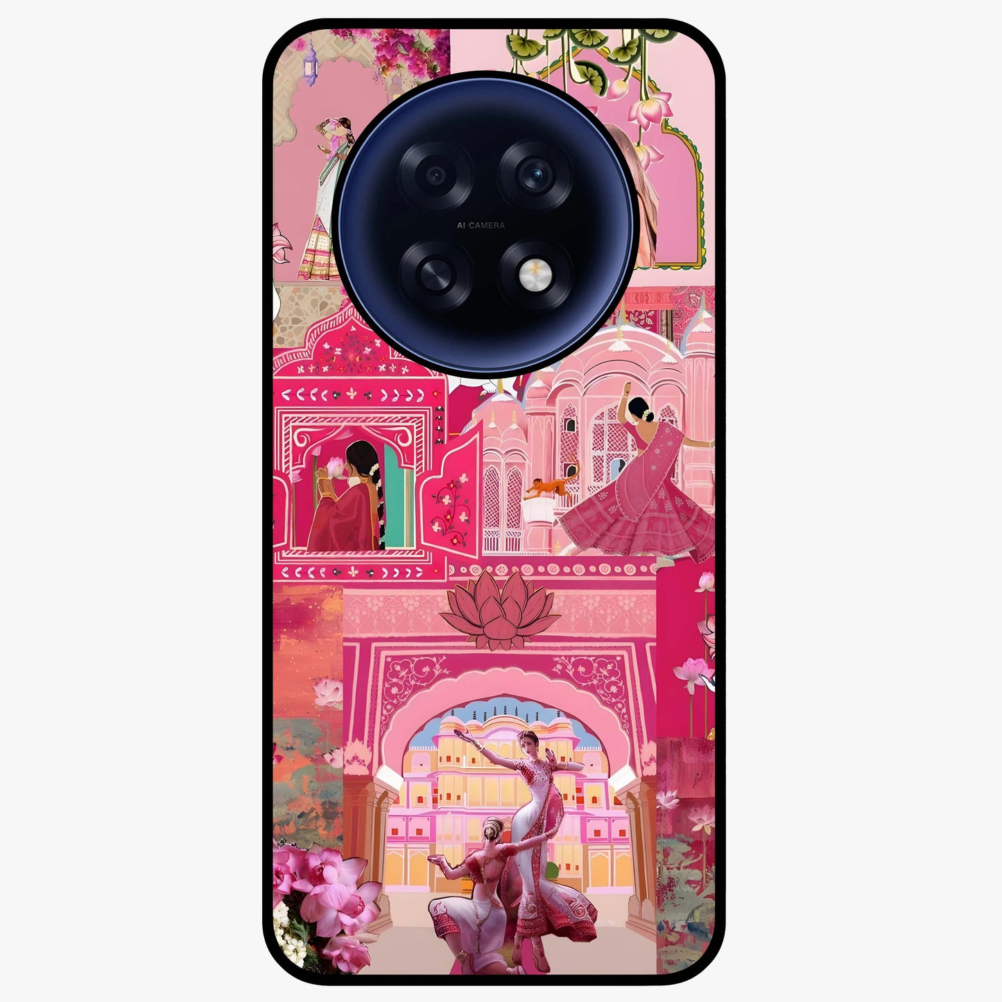 Blossoms of Rajasthan Glass Case showing flat back view with traditional floral artwork inspired by Rajasthan and glossy glass finish.