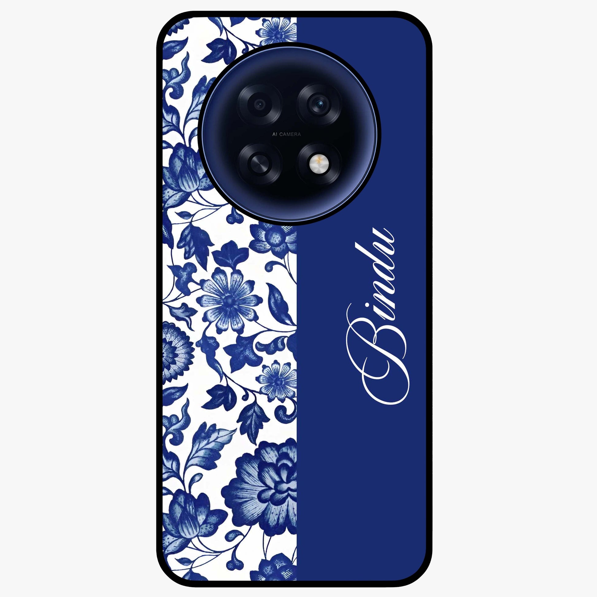 Blue Vintage Floral Pattern Glass Case upright view showcasing timeless floral illustration with vintage inspired style.