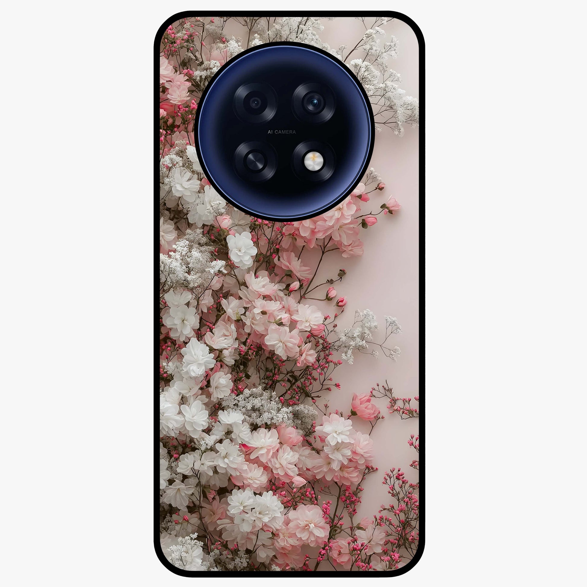Blush Blossom Cloud Glass Case showing flat back view with dreamy blush cloud blossom artwork and glossy glass finish.