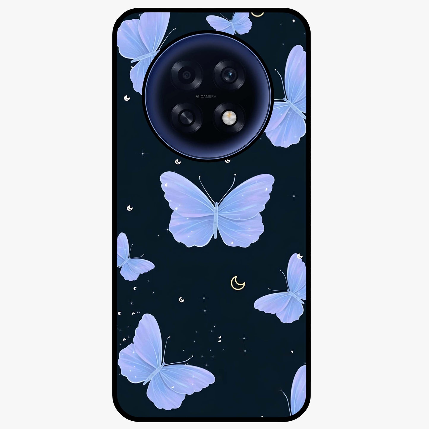 Butterfly With Stars Pattern Glass Case showing flat back view with butterfly and star pattern artwork and glossy glass finish.