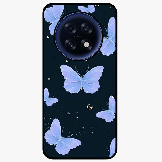 Butterfly With Stars Pattern Glass Case showing flat back view with butterfly and star pattern artwork and glossy glass finish.