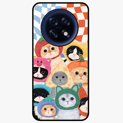 Cats in Fruits Glass Case showing flat back view with playful cat illustrations inside fruit artwork and glossy glass finish.