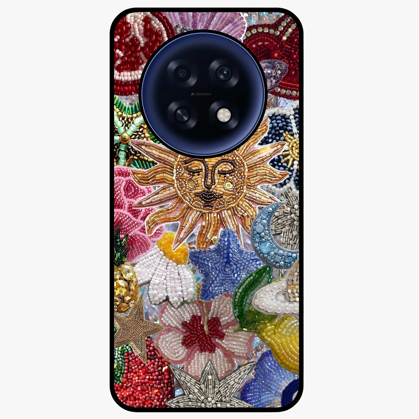 Celestial Floral and Playful Glass Case showing flat back view with floral and celestial themed artwork and glossy glass finish.