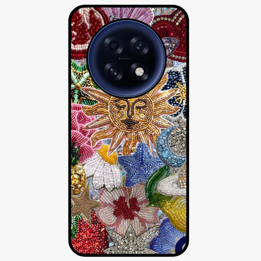 Celestial Floral and Playful Glass Case showing flat back view with floral and celestial themed artwork and glossy glass finish.