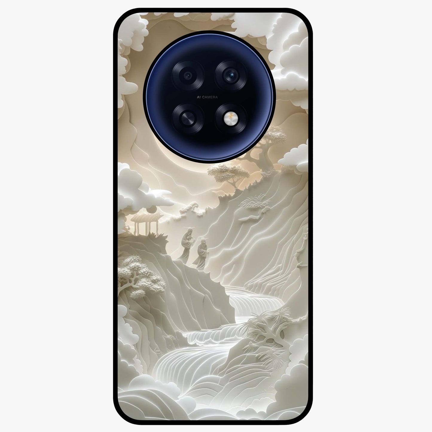 Celestial Origami Glass Case showing flat back view with artistic origami inspired celestial artwork and glossy glass finish.