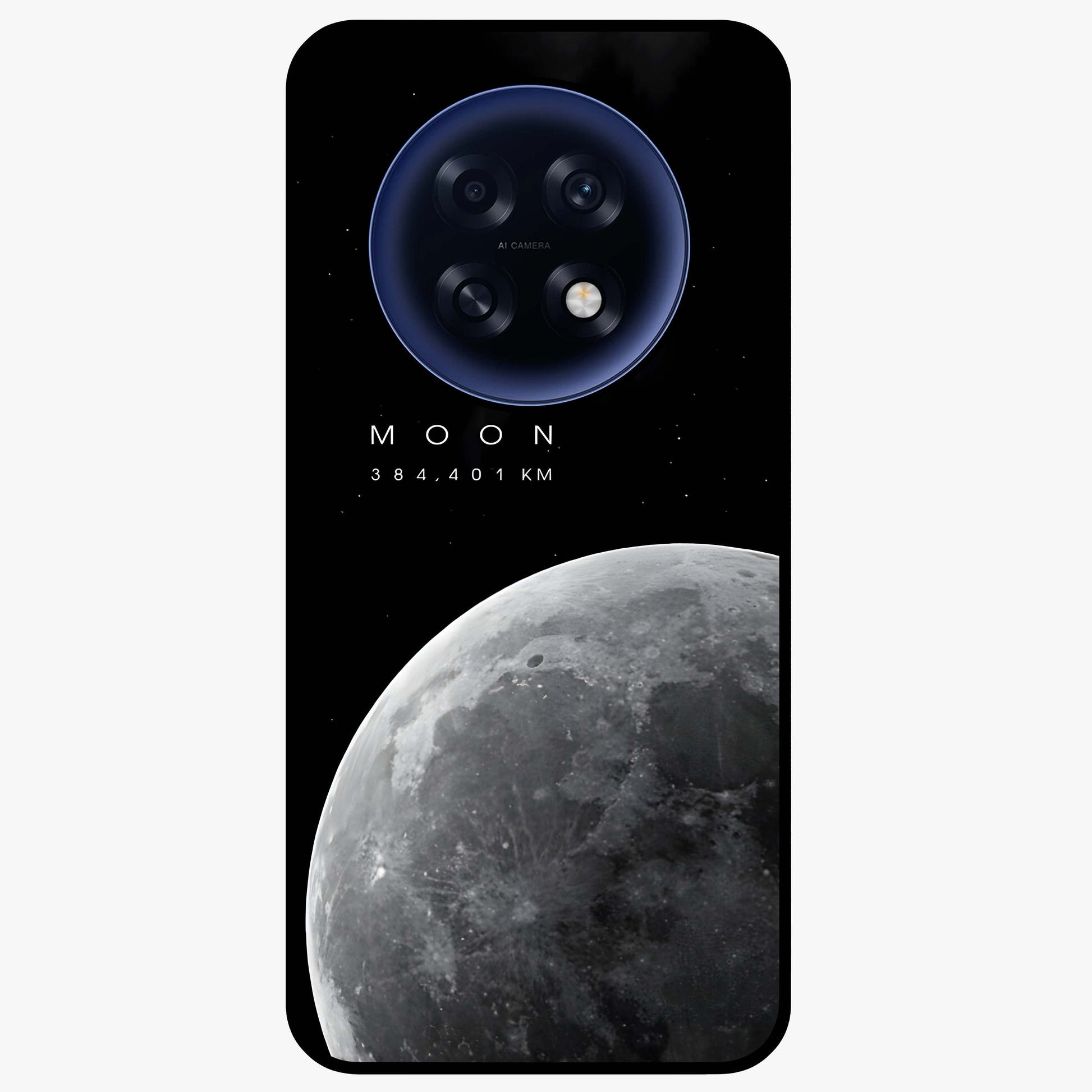 Cosmic Moon Glow Glass Case showing flat back view with glowing moon artwork and glossy glass finish.