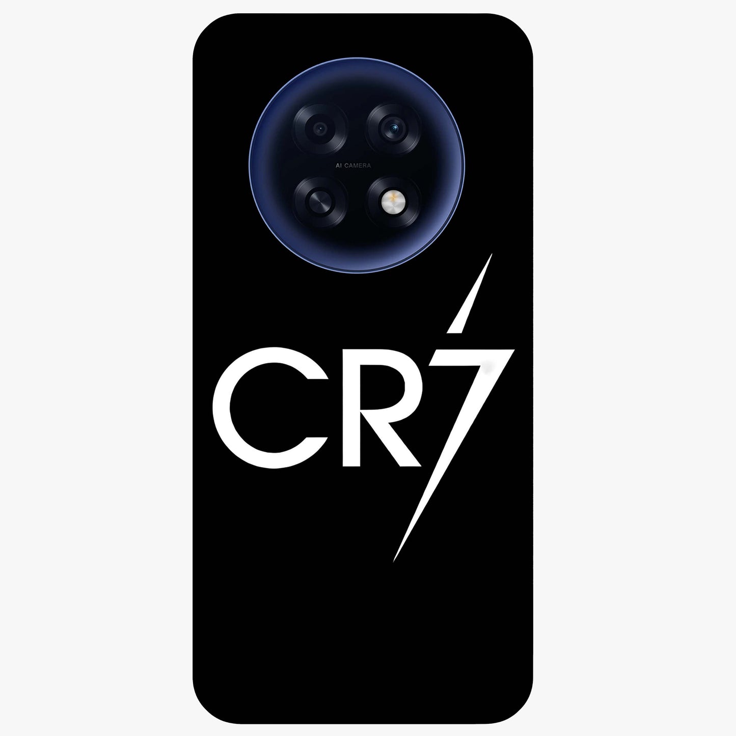 Cr7 Elite Strike Glass Case showing flat back view with dynamic football inspired artwork and glossy glass finish.