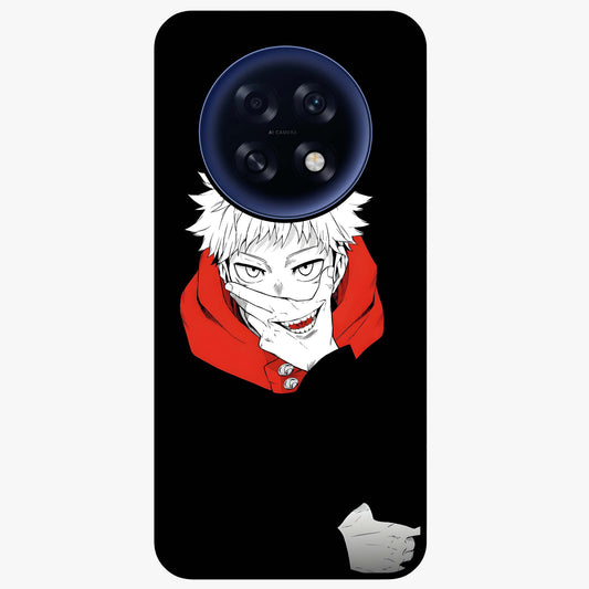 Crimson Chaos Smile Glass Case showing flat back view with bold chaotic smile artwork and glossy glass finish.