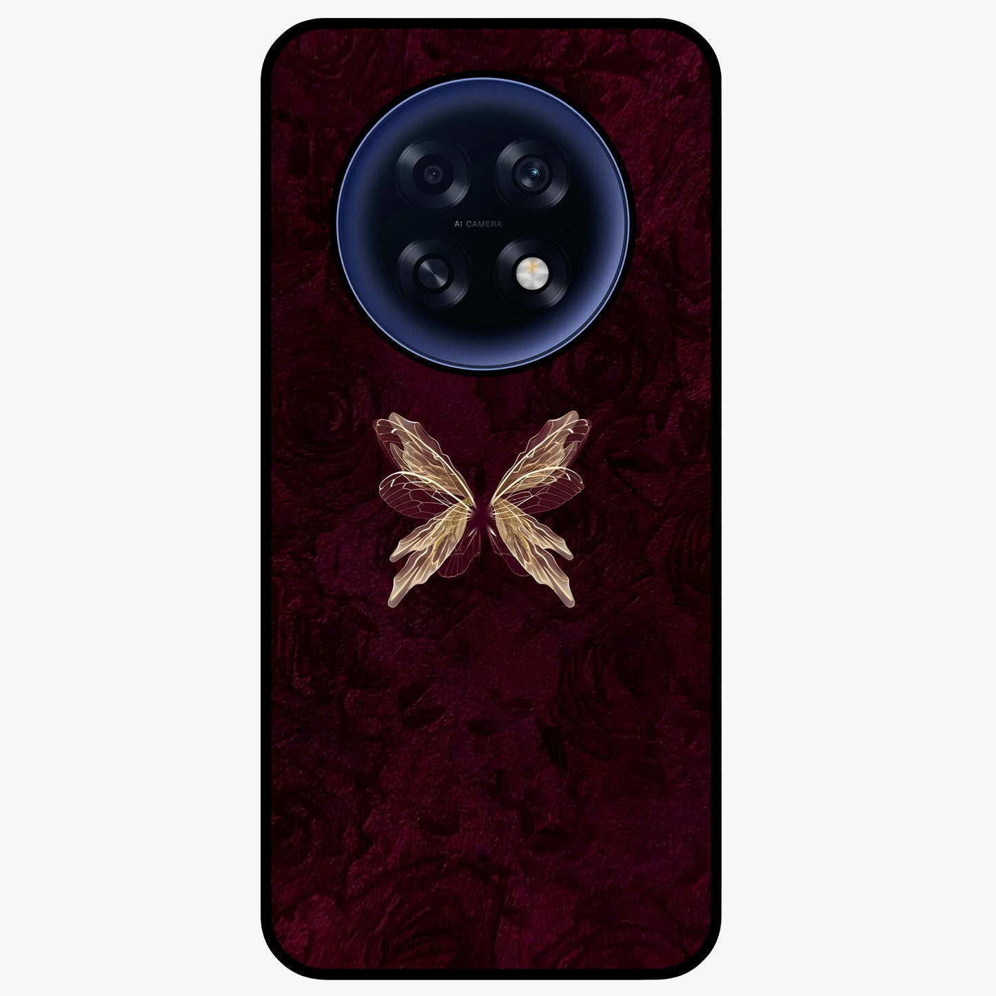 Crimson Fade Butterfly Glass Case showing flat back view with fading butterfly artwork and glossy glass finish.