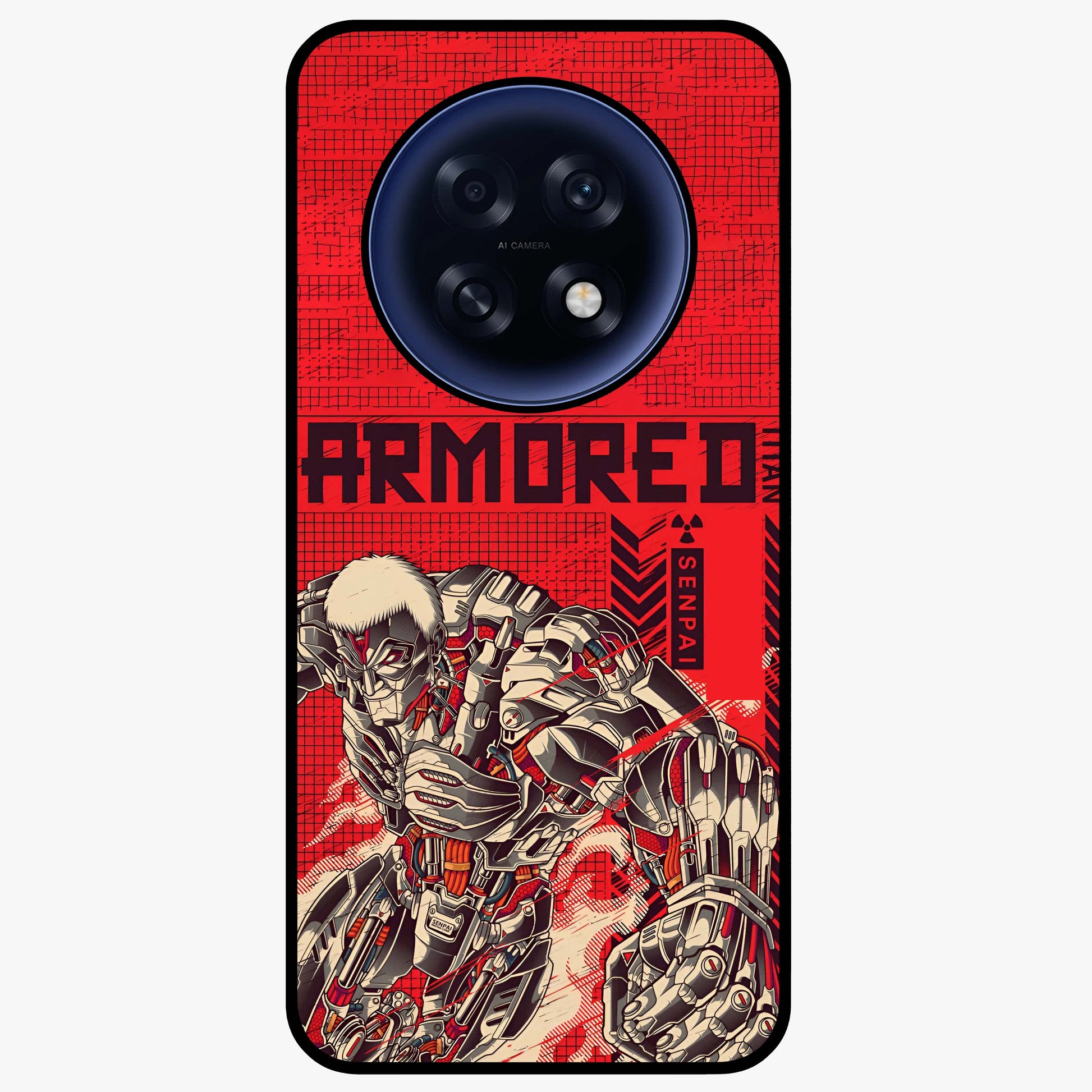Crimson Mecha Titan Glass Case showing flat back view with powerful mech titan artwork and glossy glass finish.