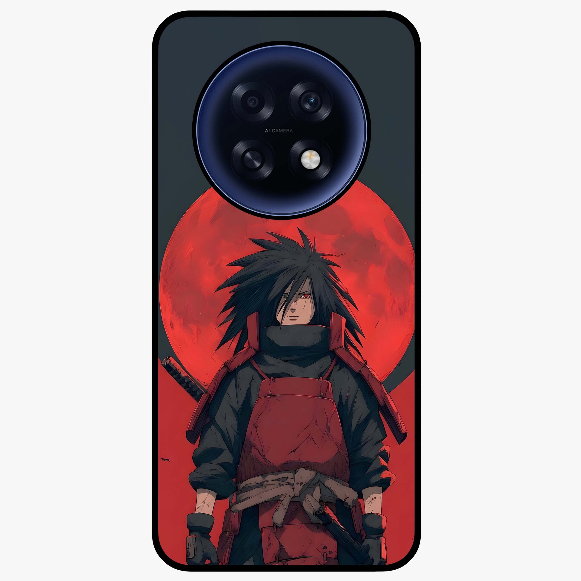 Crimson Moon Warlord Glass Case showing flat back view with mystical moon warrior artwork and glossy glass finish.