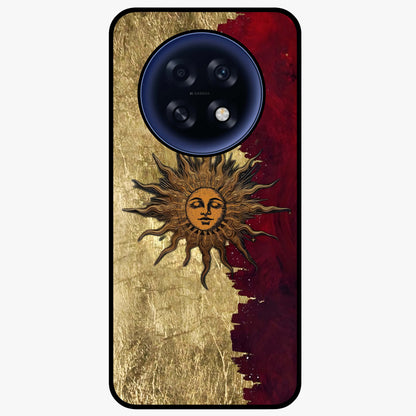 Crimson Sun Majesty Glass Case showing flat back view with radiant sun inspired artwork and glossy glass finish.