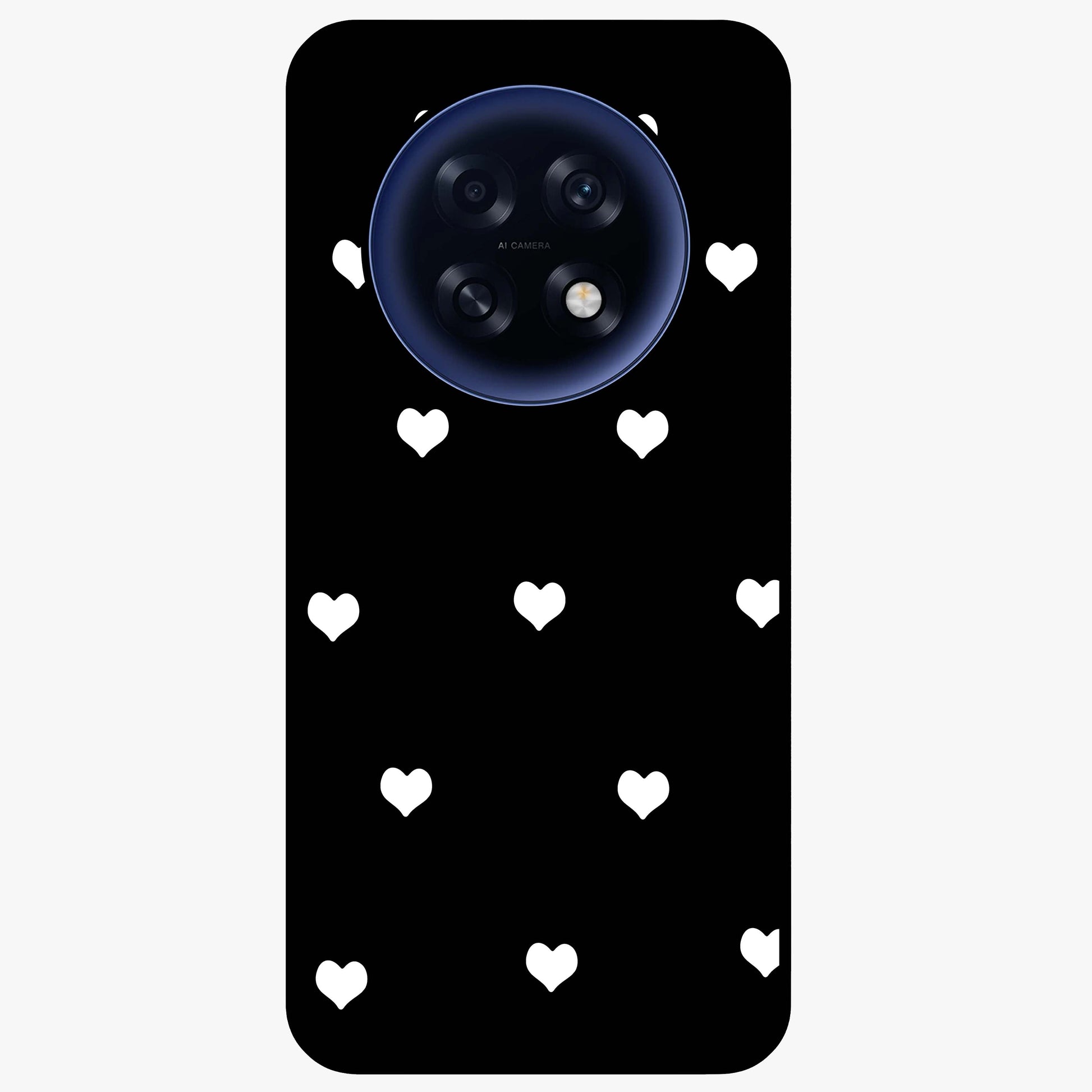 Cute And Simple White Hearts Glass Case showing flat back view with minimal white heart pattern and glossy glass finish.