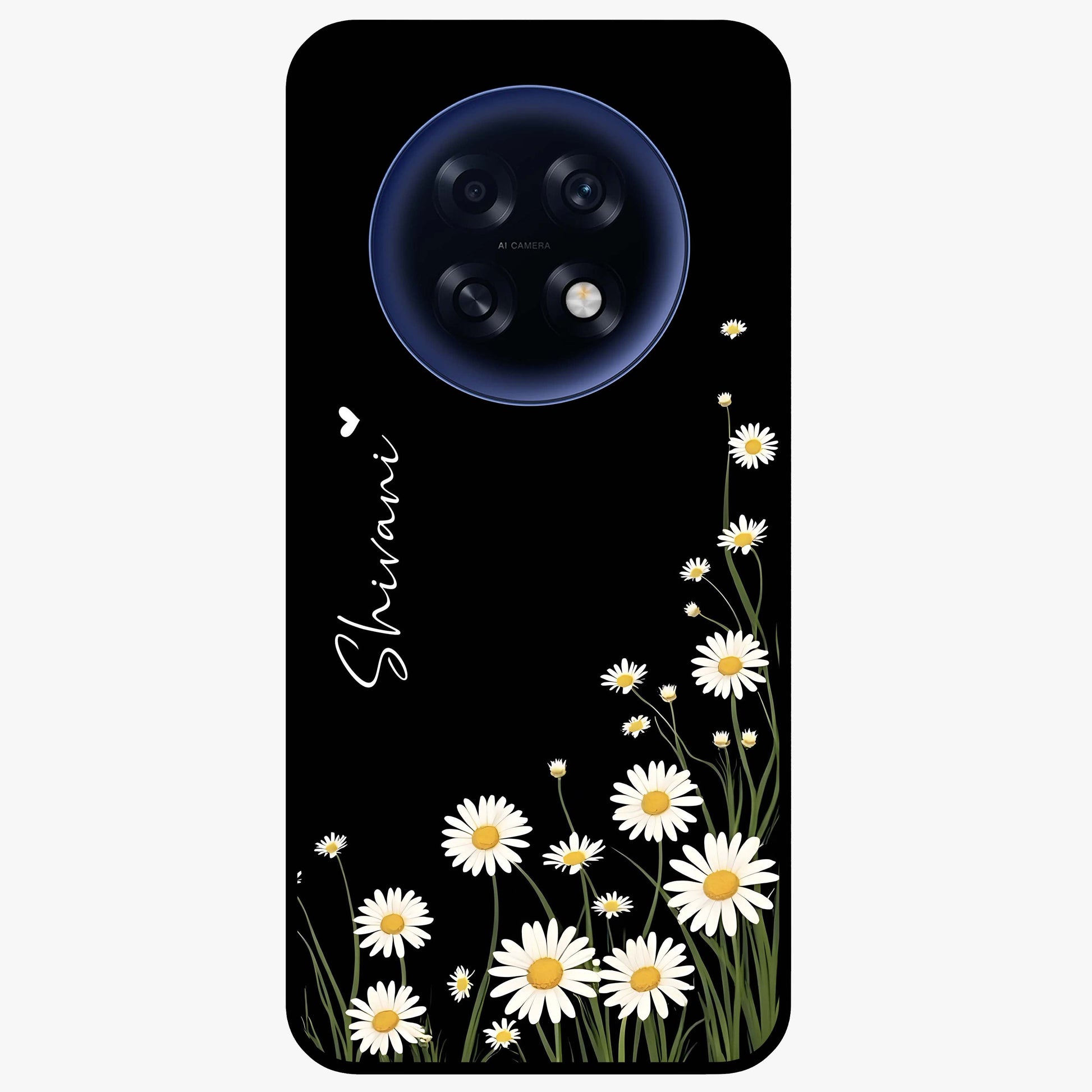 Daisy Cascade Custom Name Glass Case showing flat back view with cascading daisy flowers and personalized name design.