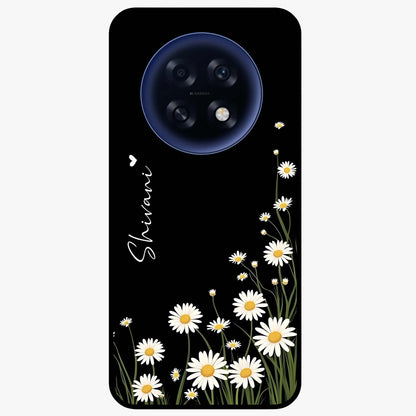 Daisy Cascade Custom Name Glass Case showing flat back view with cascading daisy flowers and personalized name design.