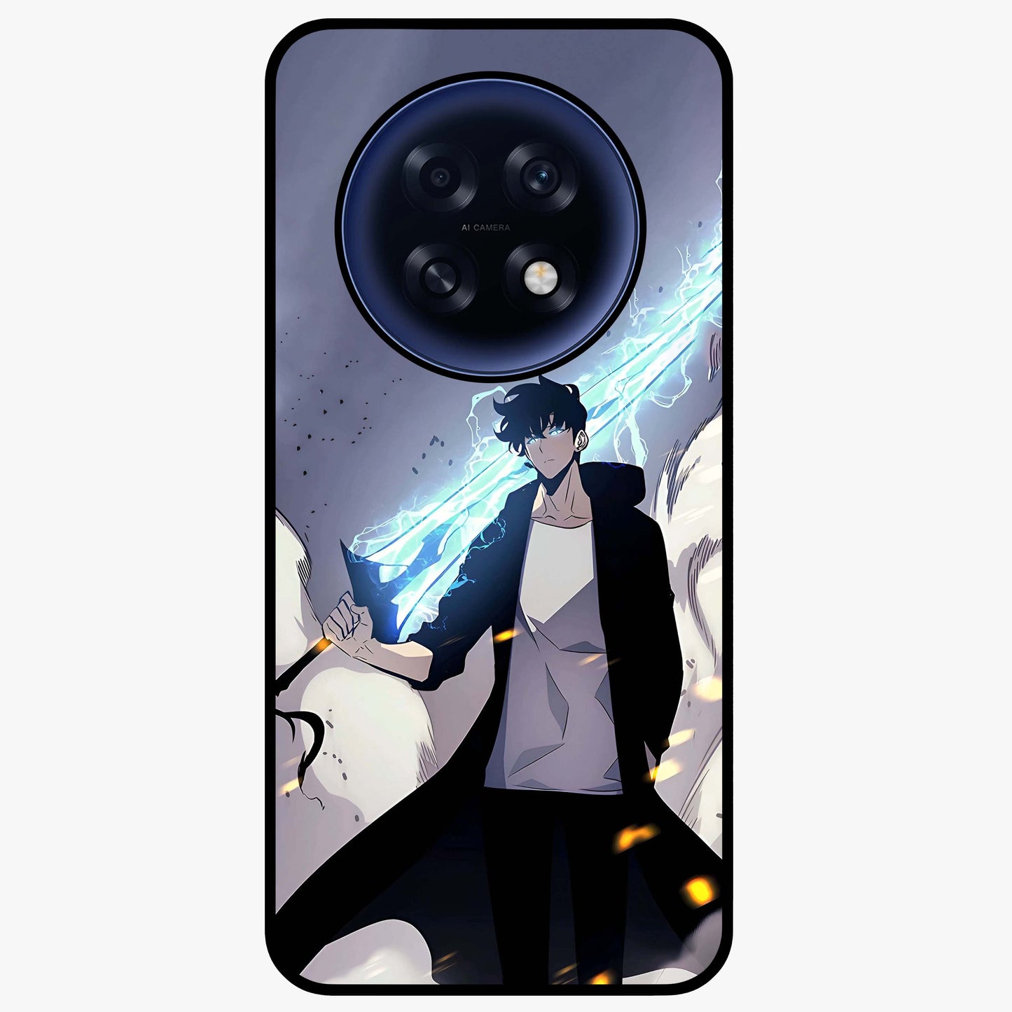 Dark Lightning Anime Warrior Glass Case showing flat back view with intense anime warrior artwork and glossy glass finish.