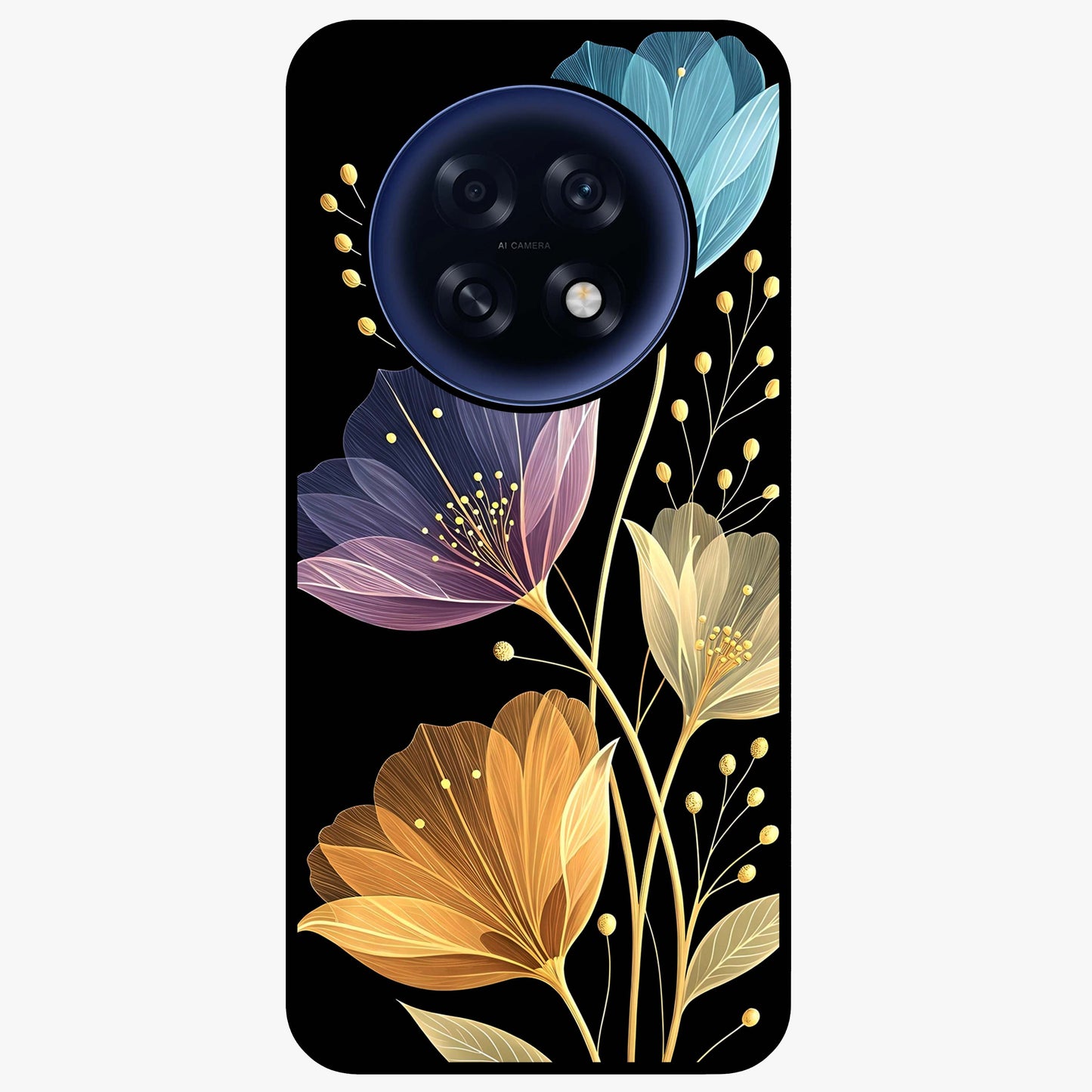 Delicate Multicolor Flowers Glass Case showing flat back view with vibrant floral artwork and glossy glass finish.
