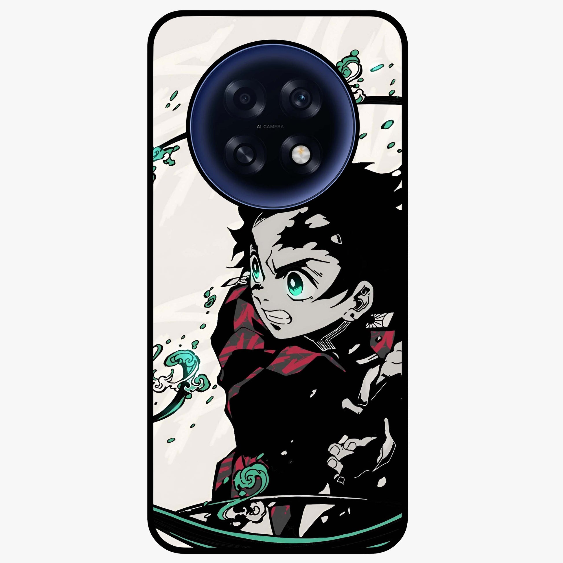 Demon Slayer Glass Case showing flat back view with bold anime inspired artwork and glossy glass finish.