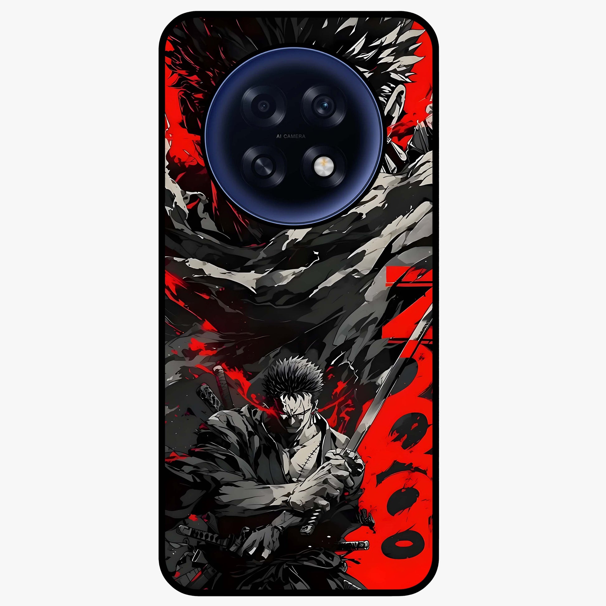 Demon Sword Resolve Glass Case showing flat back view with fierce sword warrior artwork and glossy glass finish.