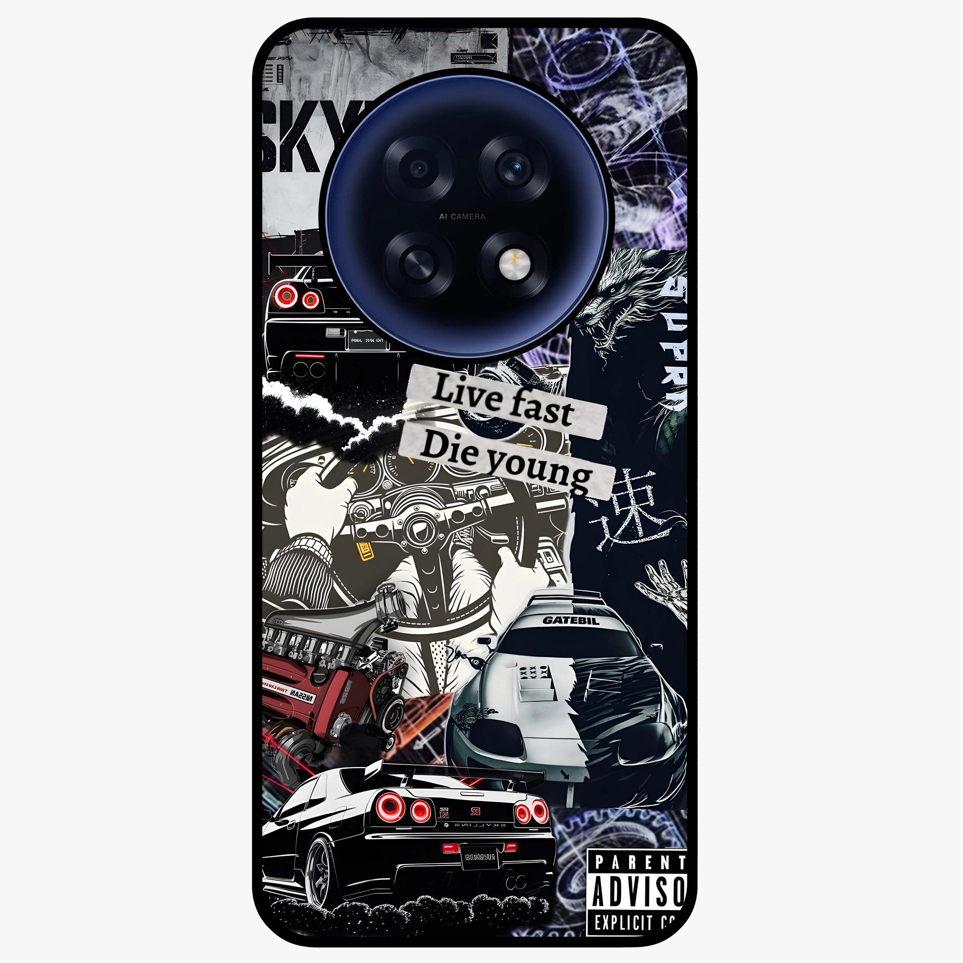 Die Young Glass Case showing flat back view with bold artistic typography design and glossy glass finish.
