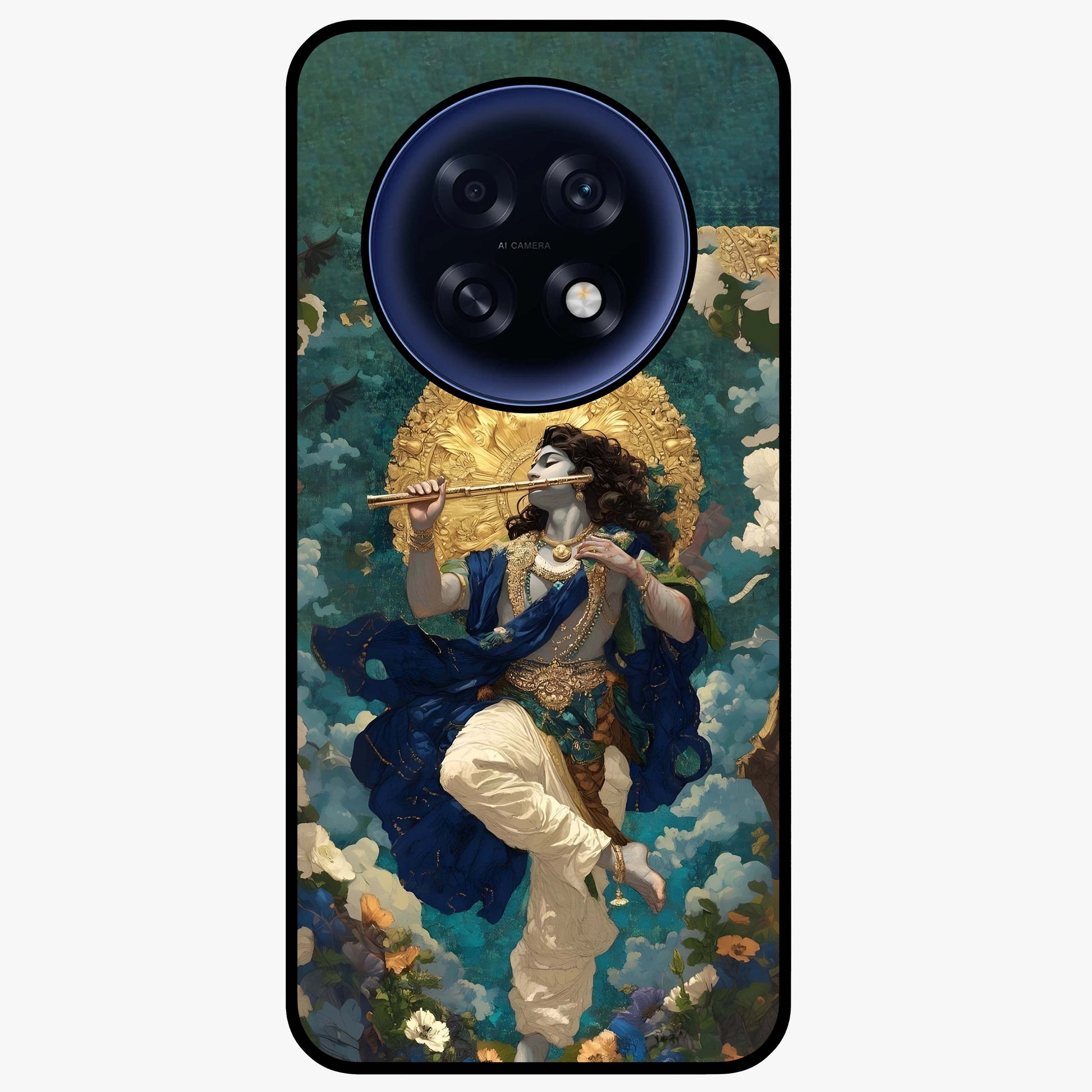 Divine Krishna Art Glass Case showing flat back view with Lord Krishna artwork and glossy glass finish.