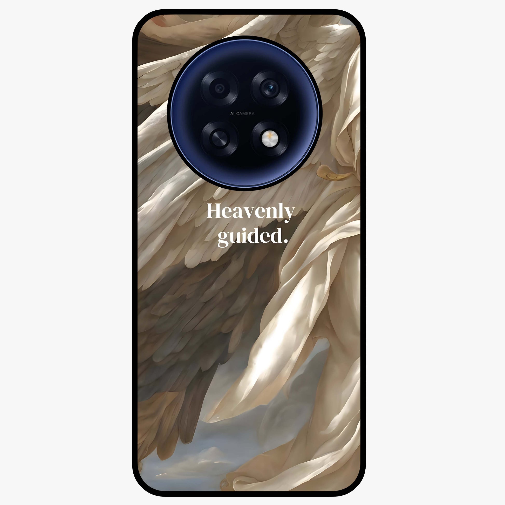 Divine Winged Grace Glass Case showing flat back view with elegant wing inspired artwork and glossy glass finish.