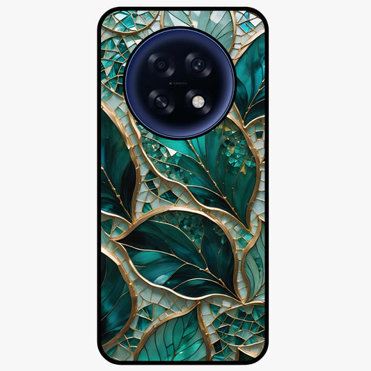 Emerald Leaf Glass Glass Case showing flat back view with emerald green leaf artwork and glossy glass finish.