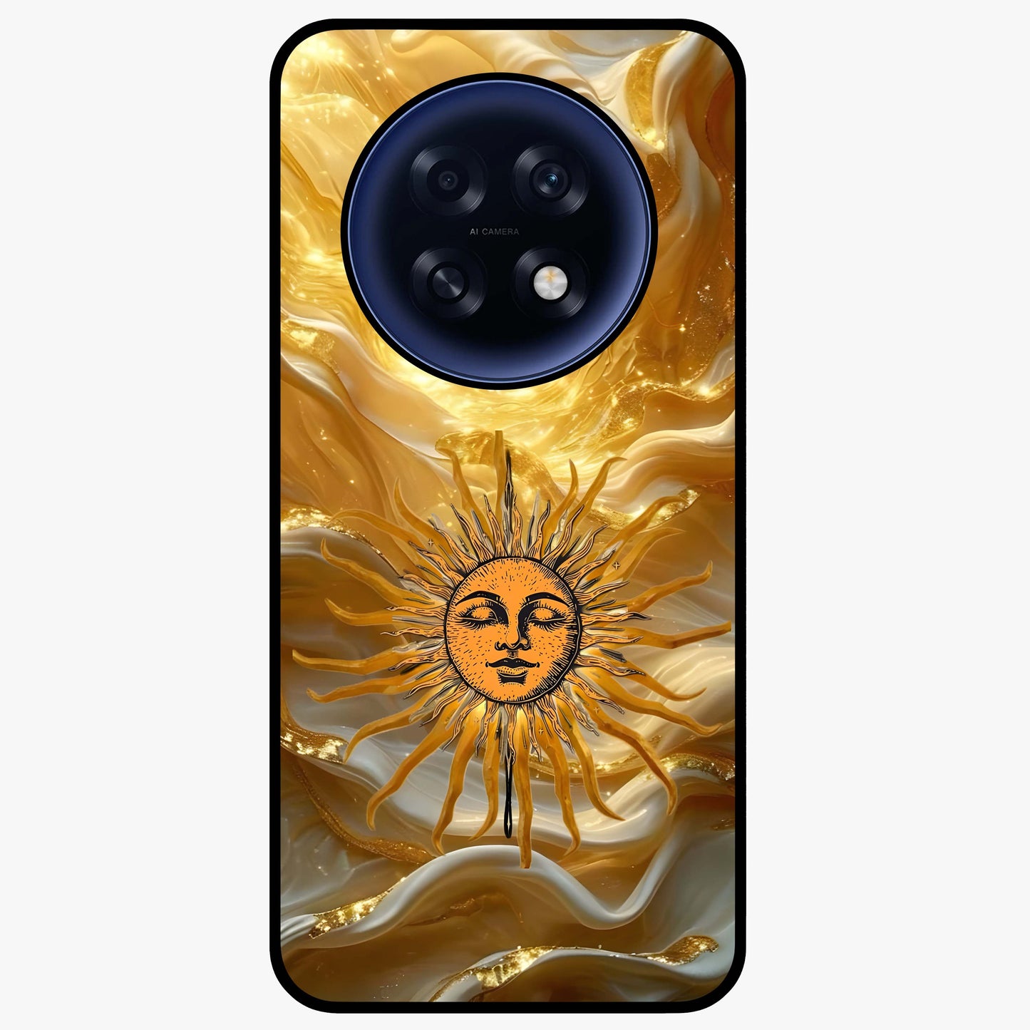 Eternal Golden Glow Glass Case showing flat back view with radiant golden themed artwork and glossy glass finish.
