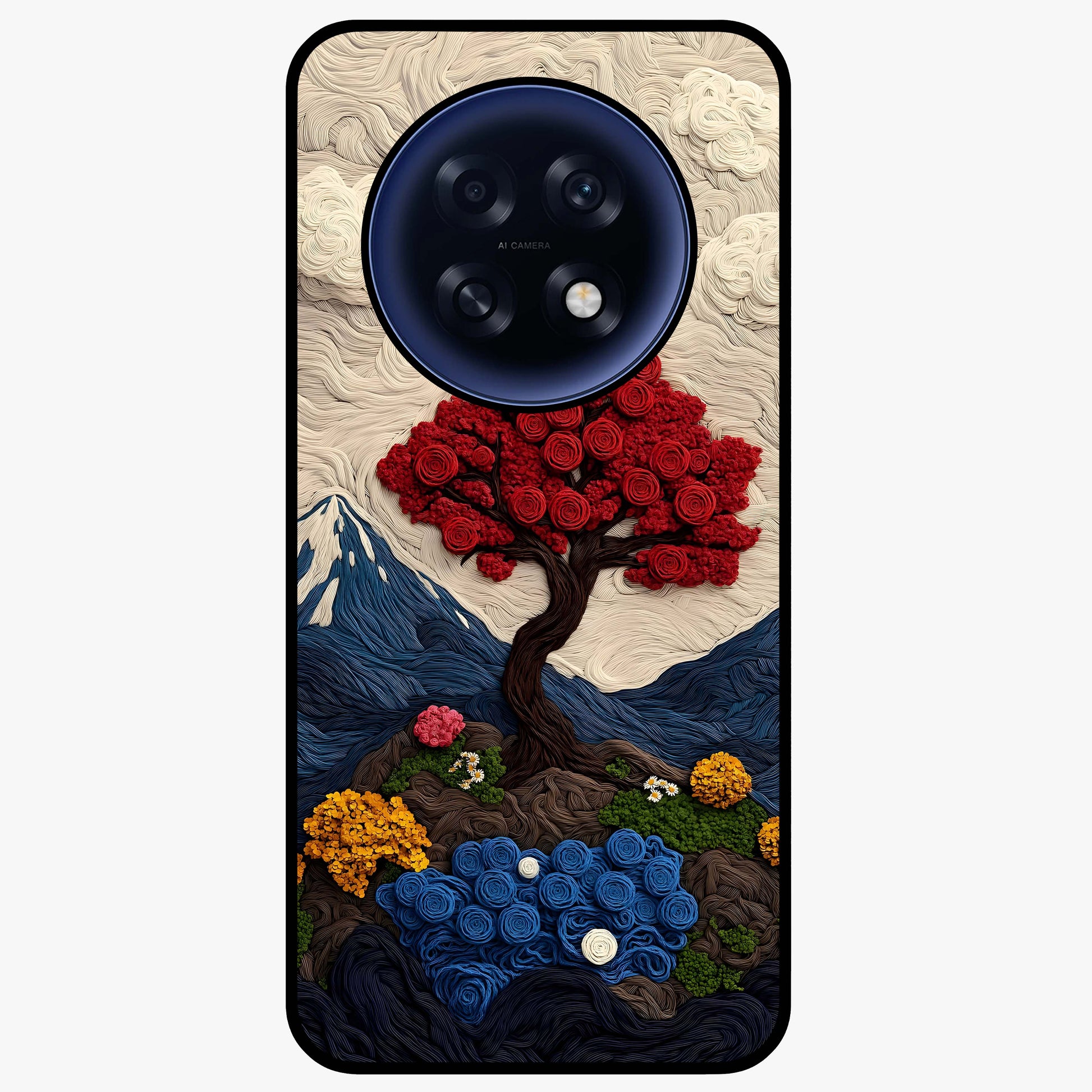 Eternal Nature Tapestry Glass Case showing flat back view with intricate nature tapestry artwork and glossy glass finish.