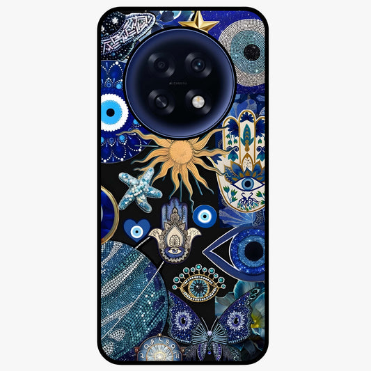 Evil Eye Charm Mix Glass Case showing flat back view with multiple evil eye charms artwork and glossy glass finish.