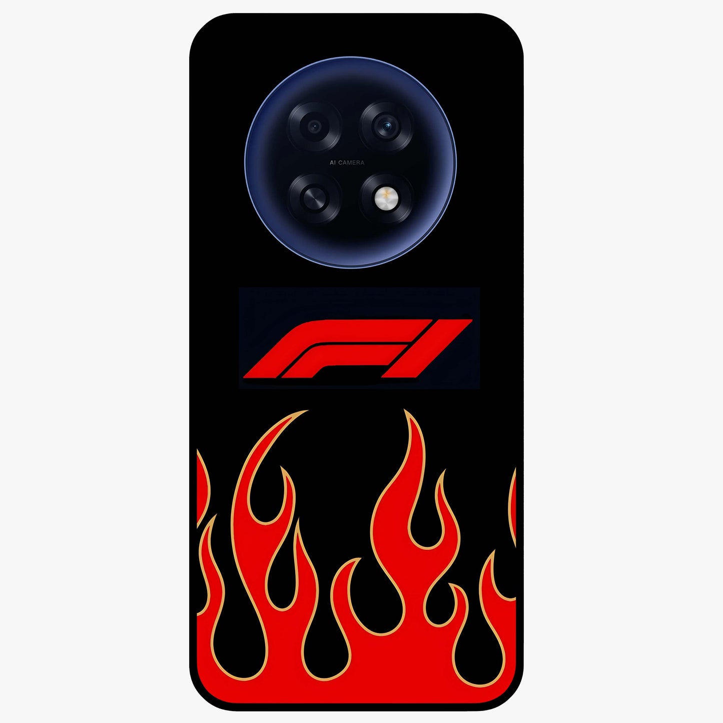 Fire F11 Glass Case showing flat back view with fiery themed artwork and glossy glass finish.