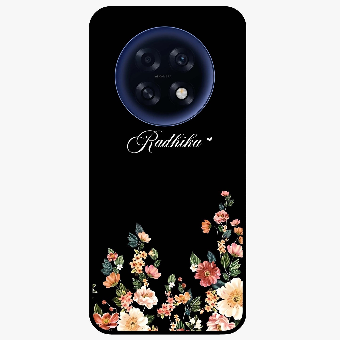 Floral Design With a Custom Personalized Name Glass Case showing flat back view with floral artwork and personalized name design.