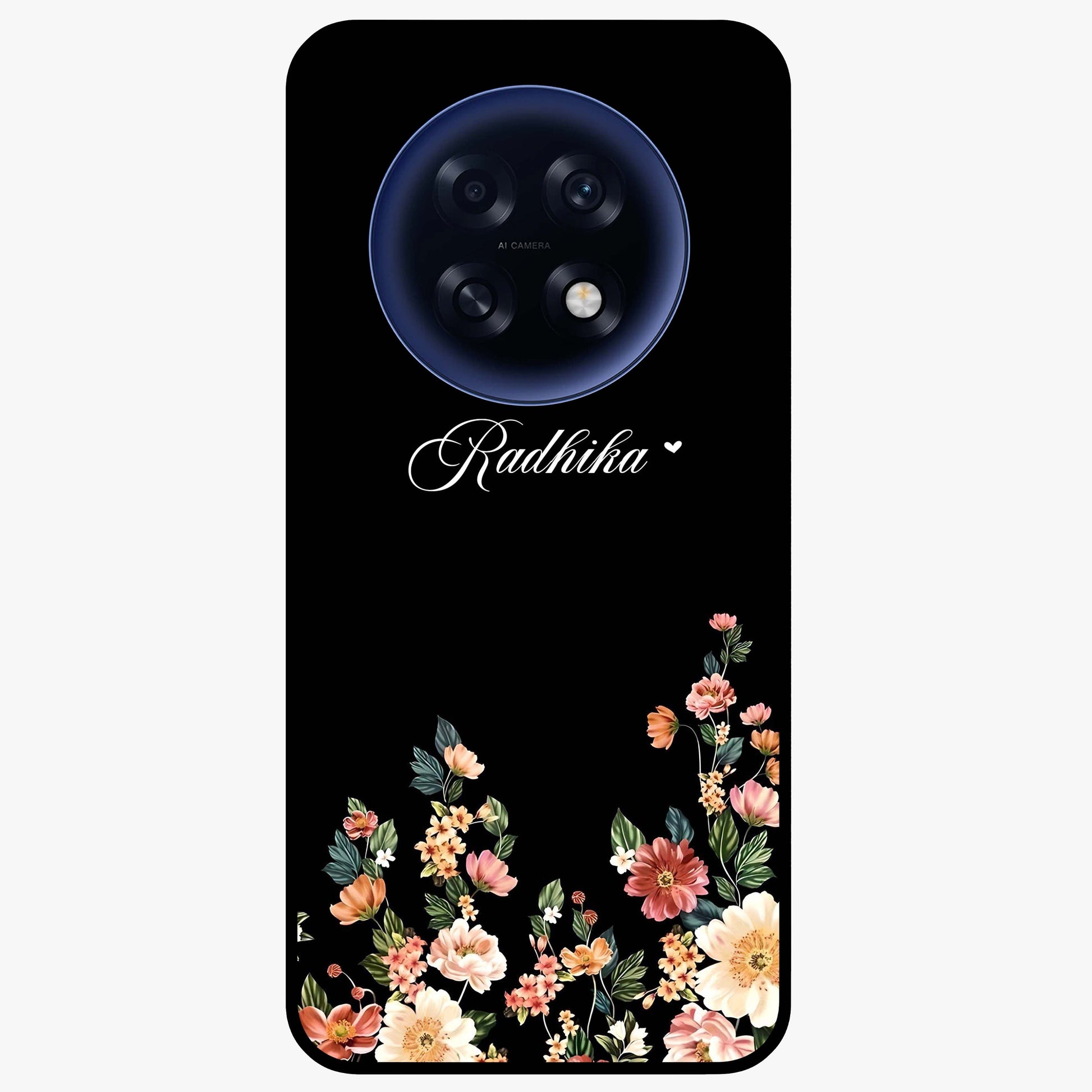 Floral Design With a Custom Personalized Name Glass Case showing flat back view with floral artwork and personalized name design.