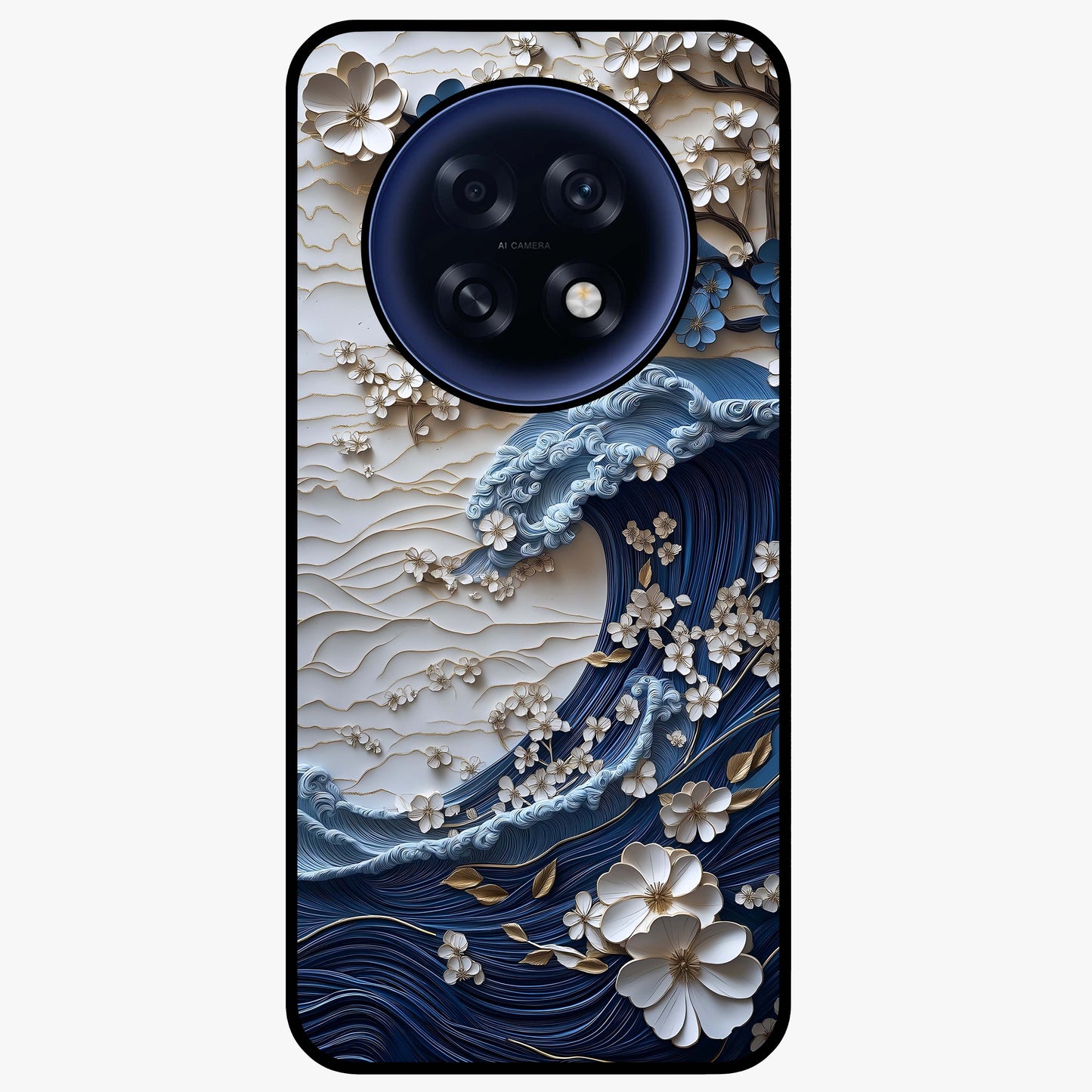 Floral Wave Origami Glass Case showing flat back view with origami inspired floral wave artwork and glossy glass finish.