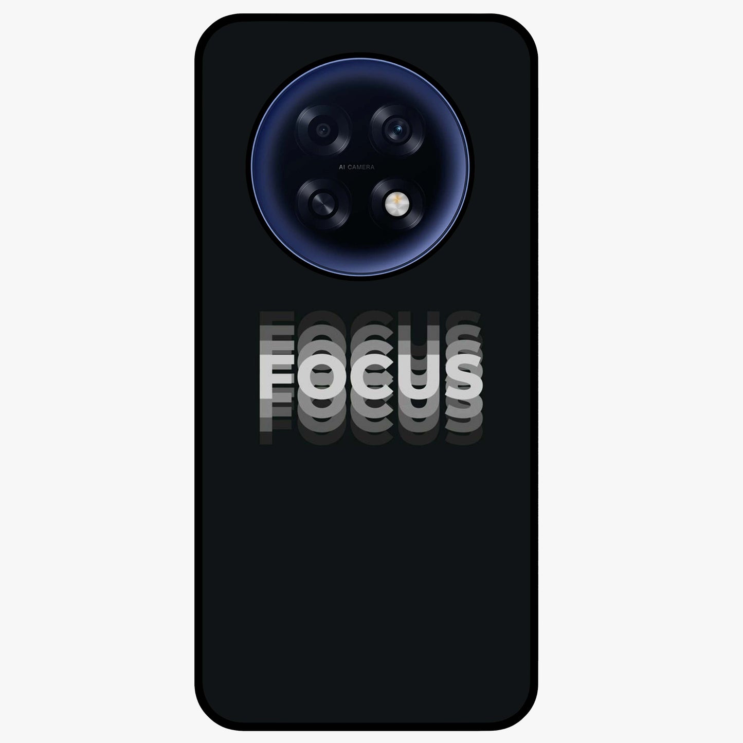 Focus Mode On Glass Case showing flat back view with bold motivational typography design and glossy glass finish.