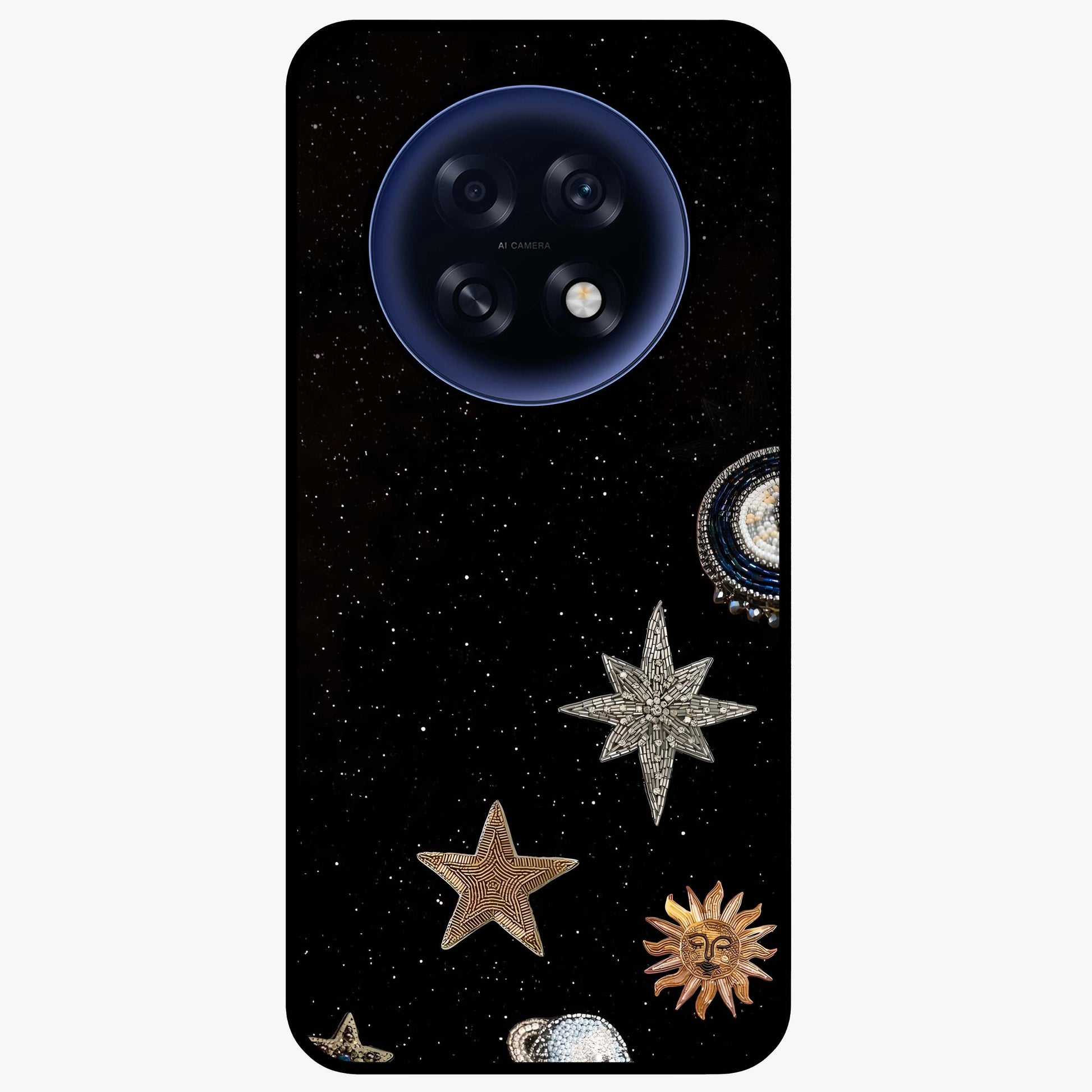 Galactic Charm Glow Glass Case showing flat back view with glowing celestial charm artwork and glossy glass finish.