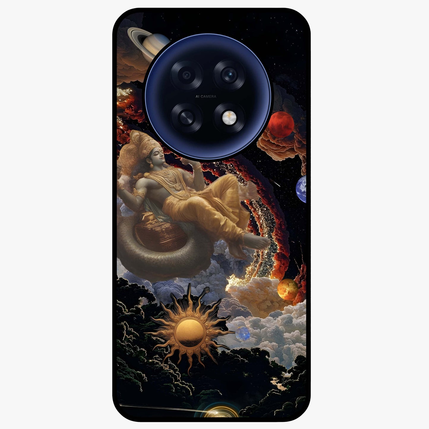 Galactic Divine God Glass Case showing flat back view with divine cosmic themed artwork and glossy glass finish.
