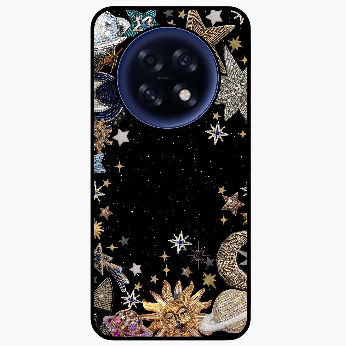 Galactic Jewel Stars Glass Case showing flat back view with sparkling star jewel artwork and glossy glass finish.