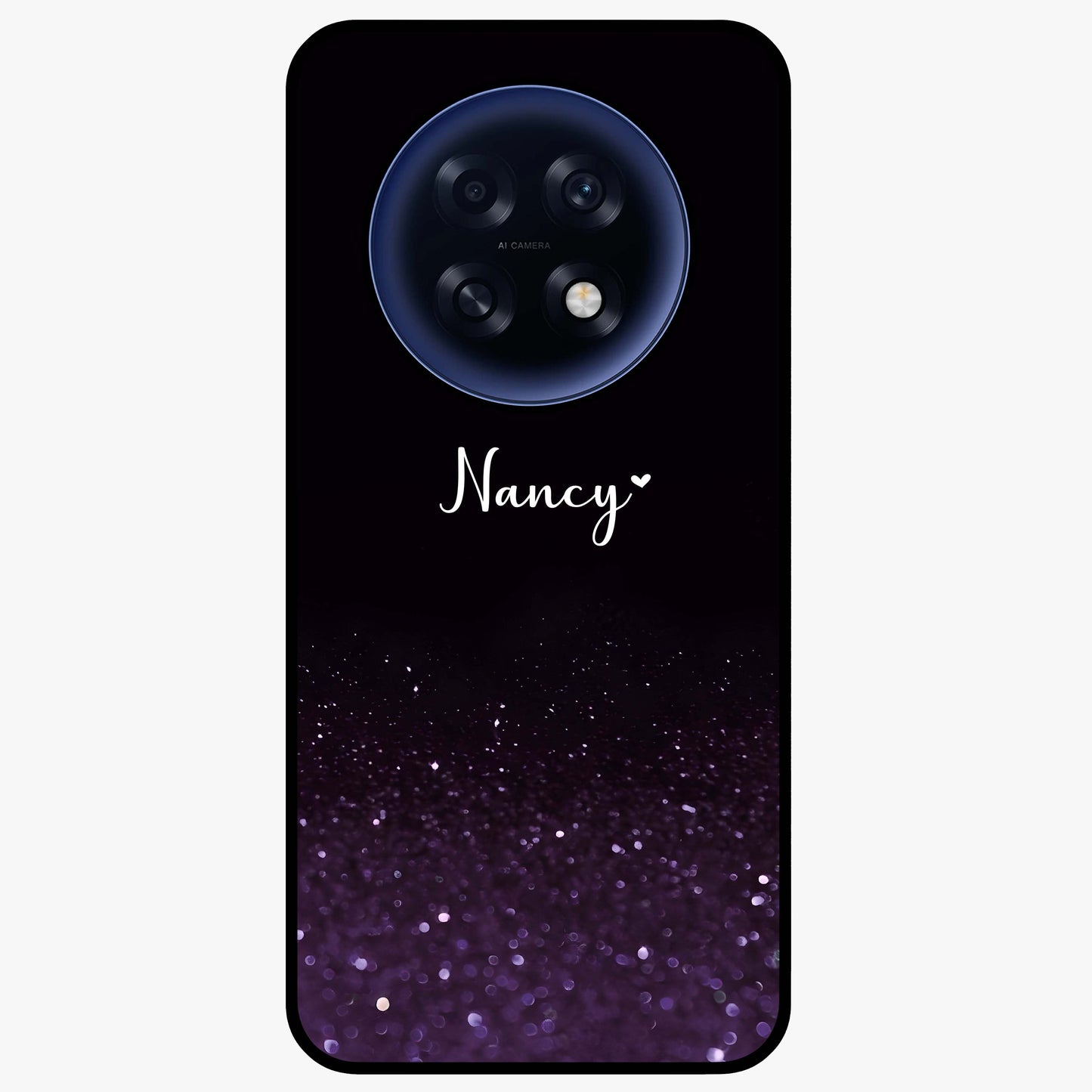 Glittery Purple Bokeh Custom Name Glass Case showing flat back view with purple bokeh sparkle artwork and personalized name design.