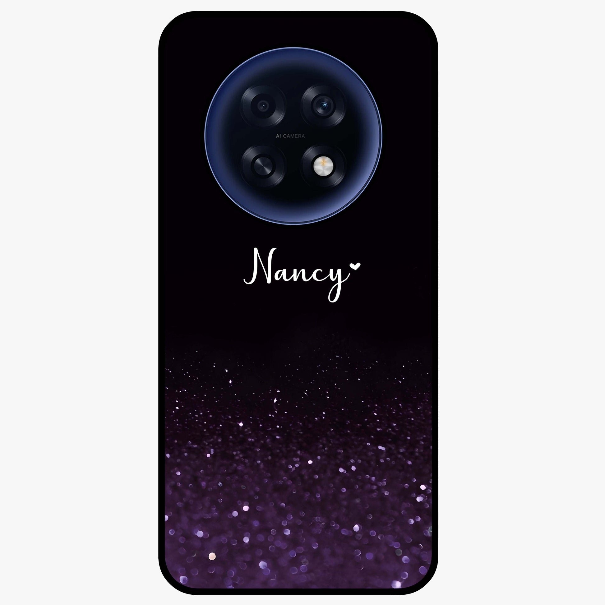 Glittery Purple Bokeh Custom Name Glass Case showing flat back view with purple bokeh sparkle artwork and personalized name design.